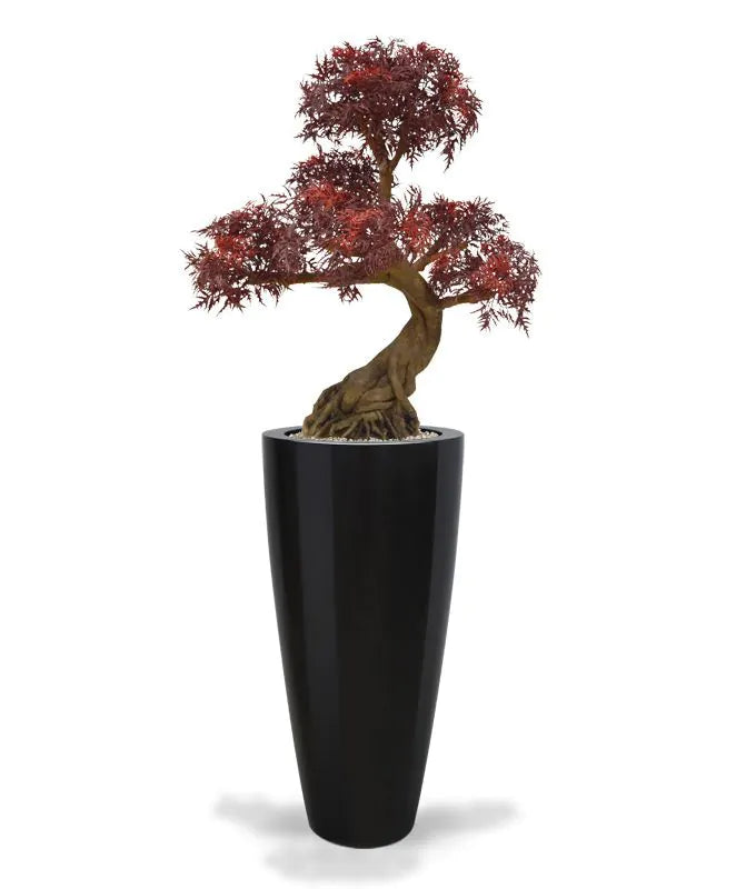 Kunstmatige Ming Aralia bonsai voor buiten in bordeauxrood met geteste UV-garantie.
