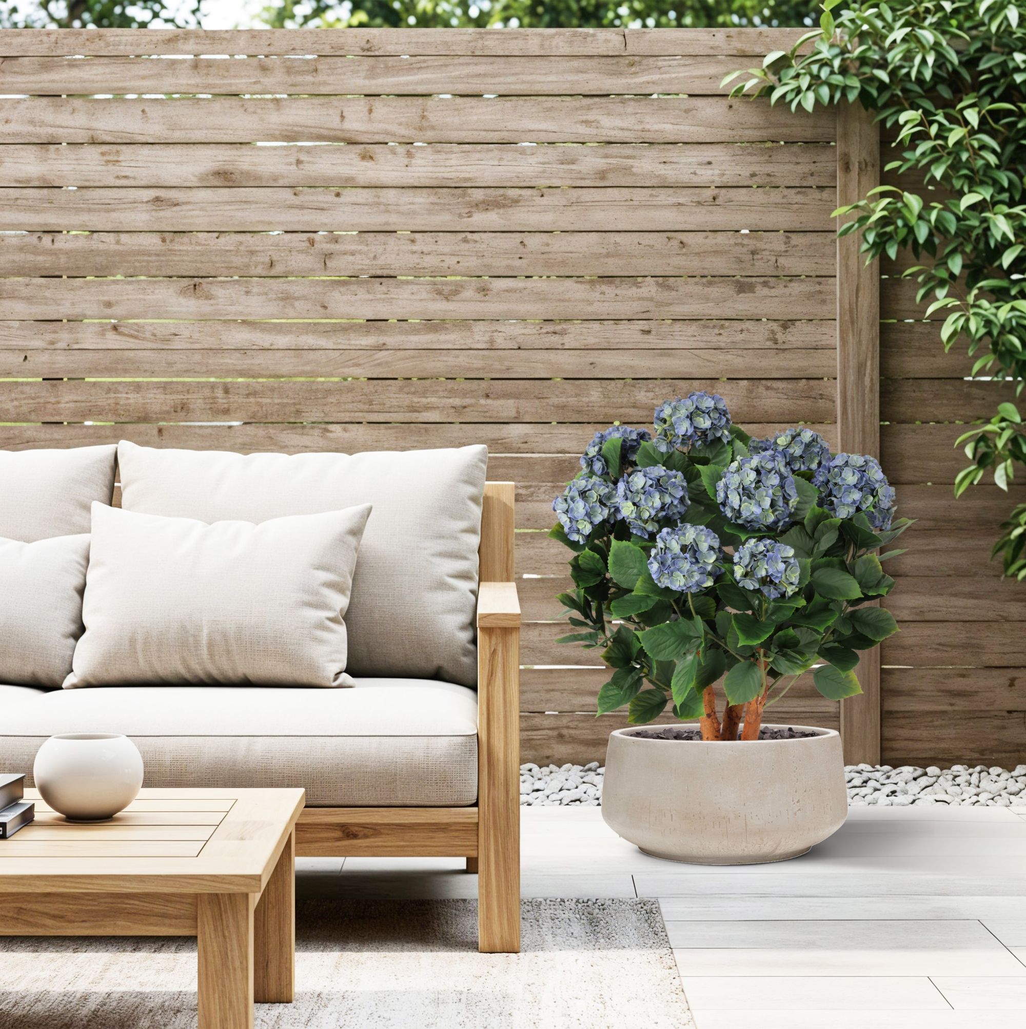 Blauwe kunsthortensia voor buiten met stelen van 80 cm, UV-bestendig.