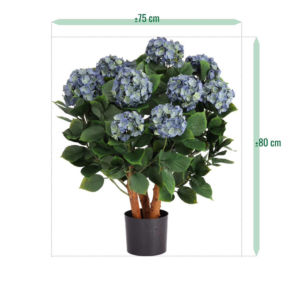 Blauwe kunsthortensia voor buiten met stelen van 80 cm, UV-bestendig.
