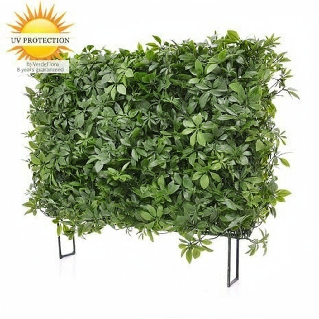 Kunstwerk voor buiten: Schefflera-haag op frame met UV-bescherming