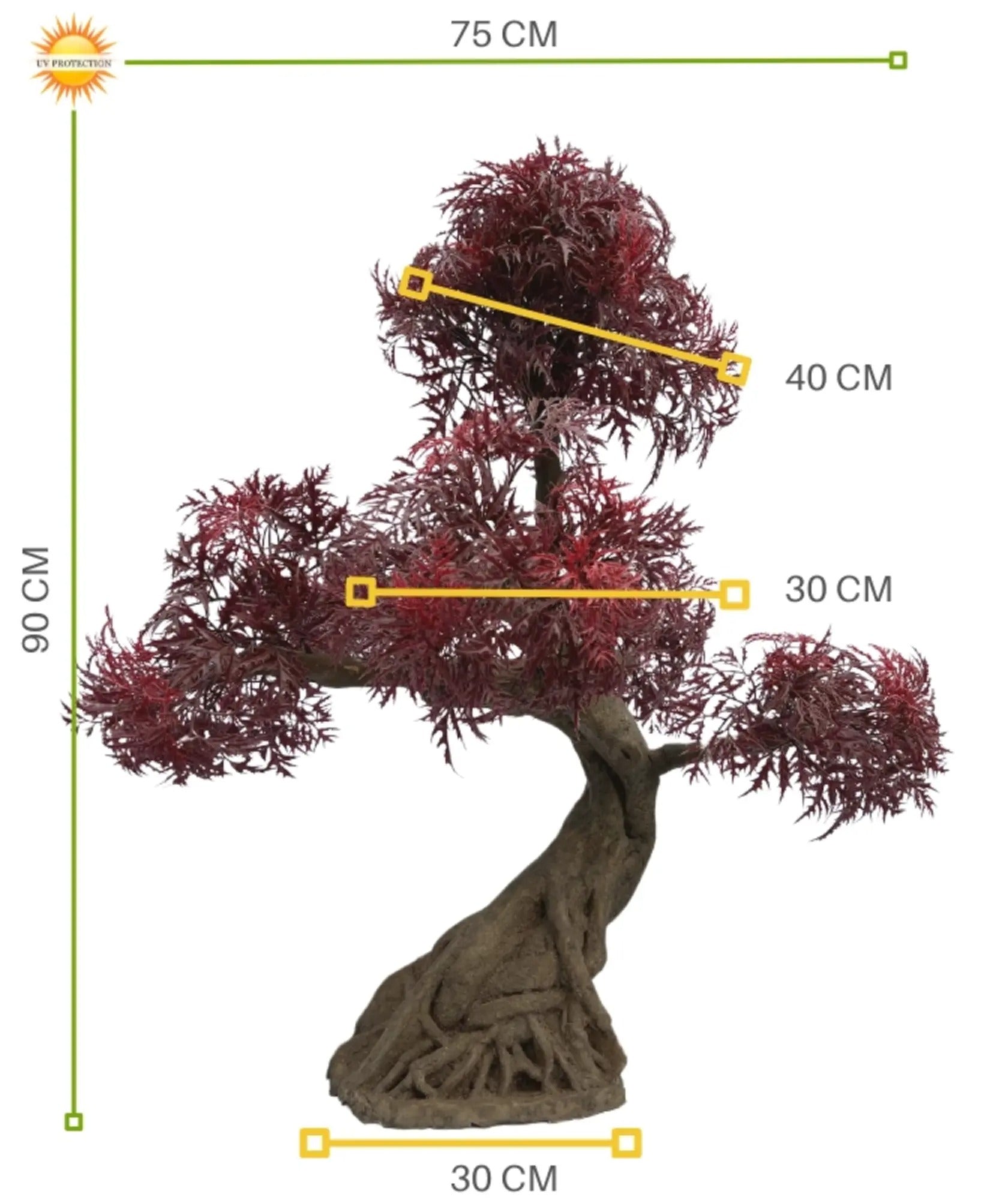 Kunstmatige Ming Aralia bonsai voor buiten in bordeauxrood met geteste UV-garantie.