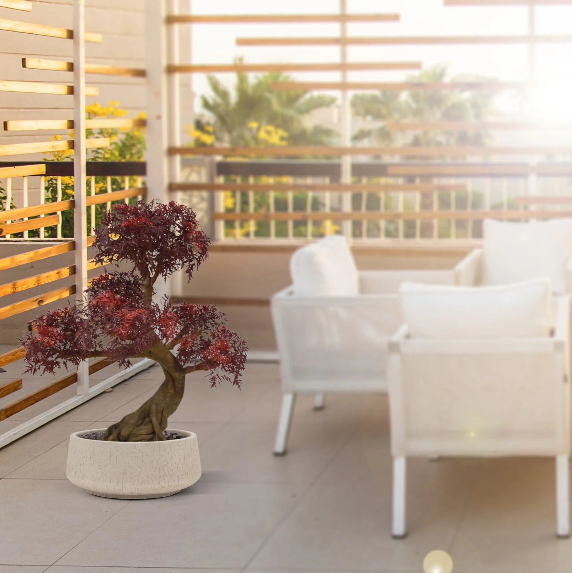 Kunstmatige Ming Aralia bonsai voor buiten in bordeauxrood met geteste UV-garantie.